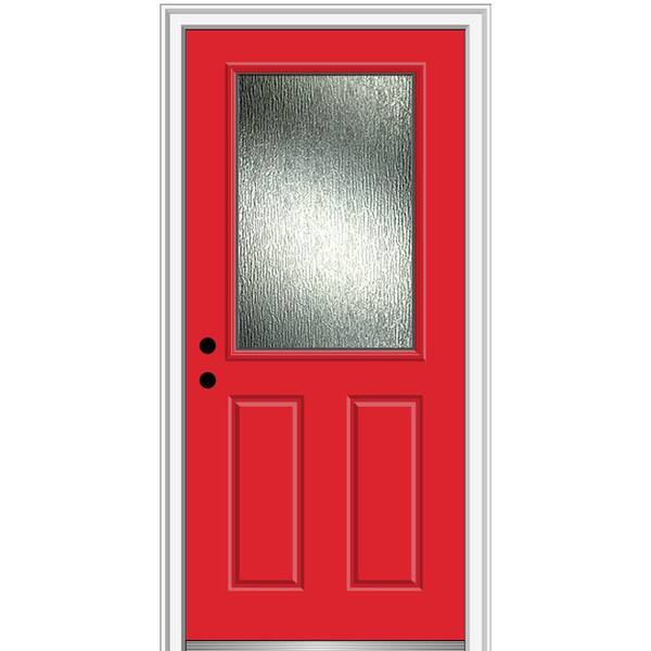 MMI Door Rain Glass 34 in. x 80 in. Right-Hand Inswing 1/2 Lite 2-Panel Painted Red Saffron Prehung Front Door, 4-9/16 in. Frame