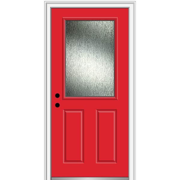 MMI Door 32 in. x 80 in. Right-Hand/Inswing Rain Glass Red Saffron Fiberglass Prehung Front Door on 4-9/16 in. Frame
