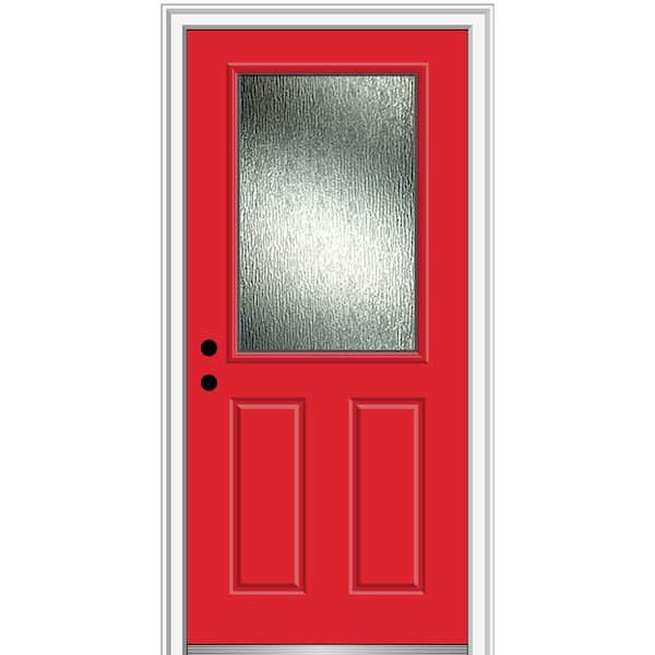 MMI DOOR 36 in. x 80 in. Right-Hand Inswing Rain Glass Red Saffron Fiberglass Prehung Front Door on 4-9/16 in. Frame
