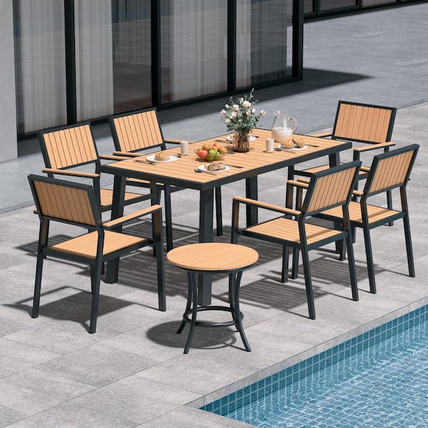 PamaPic 8-Piece Aluminum Outdoor Patio Dining Set with Rectangle Table, Small Side Table and 6-Stackable Chairs