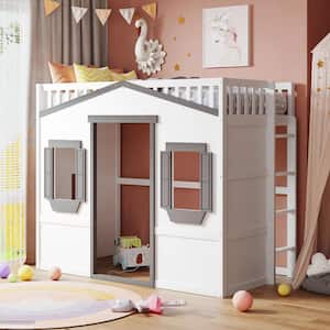 White with Gray Twin Size Wood House Loft Bed with Ladder