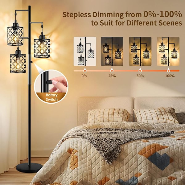 72 in. Black 3-Light Dimmable Tree Floor Lamp with 3 Bulbs