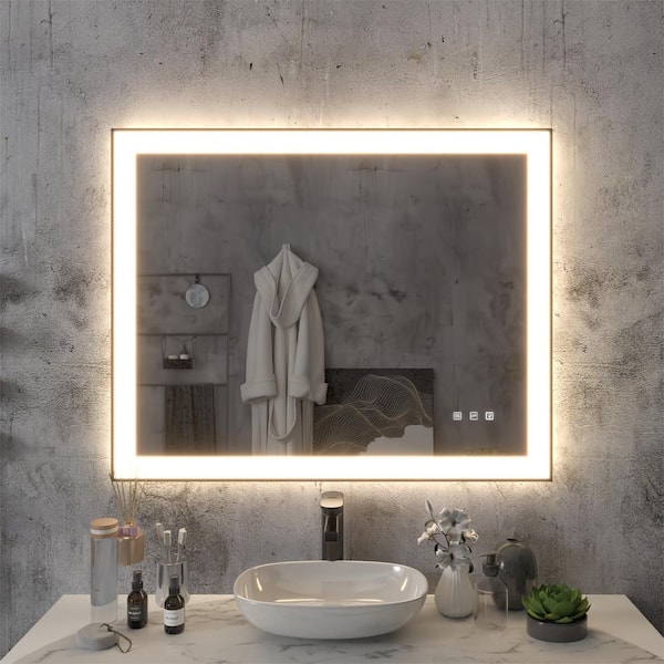 40 in. W x 32 in. H Rectangular Aluminum Framed Light Dimmable Anti-Fog LED Wall Bathroom Vanity Mirror in Black