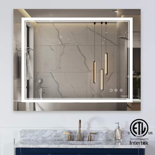 Elevatehome 40 in. W x 32 in. H Bright Rectangular Frameless Anti-Fog LED Light Wall Bathroom Vanity Mirror in Tempered Glass