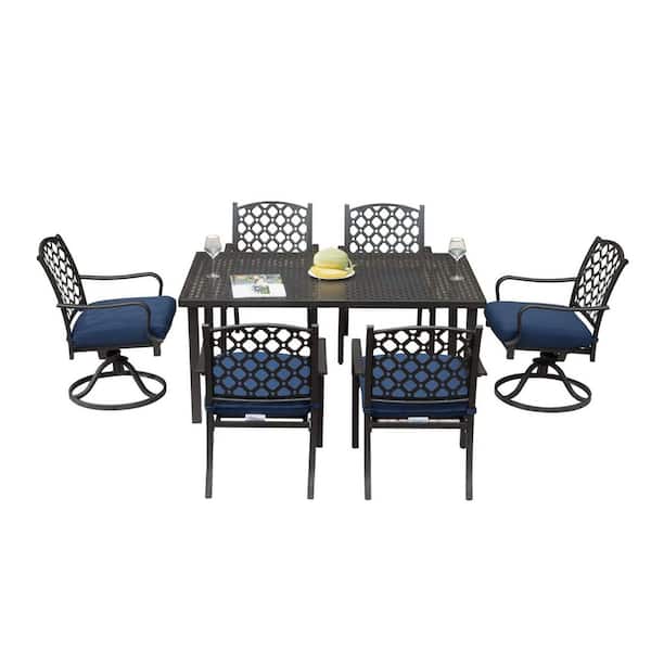 Outdoor 7-Piece Metal Rectangle Dining Set with Swivel Chairs and Blue CushionGuard Cushions