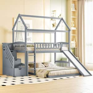 Gray Twin Over Twin Bunk Bed with Slide, House Bed with Slide