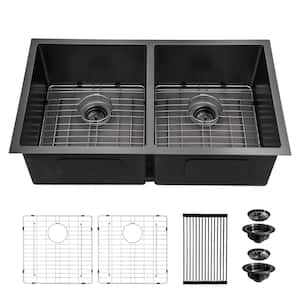 Gunmetal Black Stainless Steel 33 in. Double-Bowl Undermount Kitchen Sink with Bottom Grid