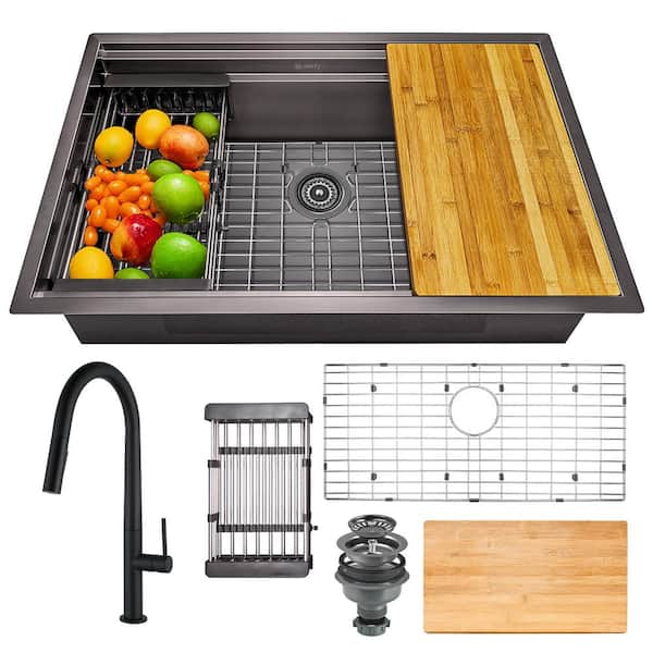 AKDY Gunmetal Matte Black Finish Stainless Steel 30 in. x 18 in. Single Bowl Undermount Workstation Kitchen Sink with Faucet
