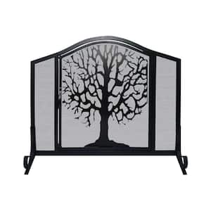 Black Iron Tree of Life Art 3-Panel Fireplace Screen with Mesh Design and Arched Top