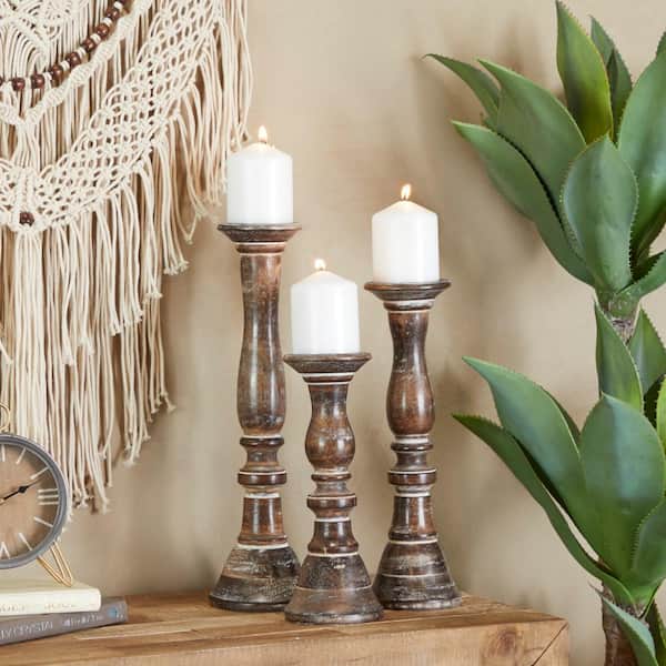Litton Lane Dark Brown Wood Candle Holder (Set of 3)