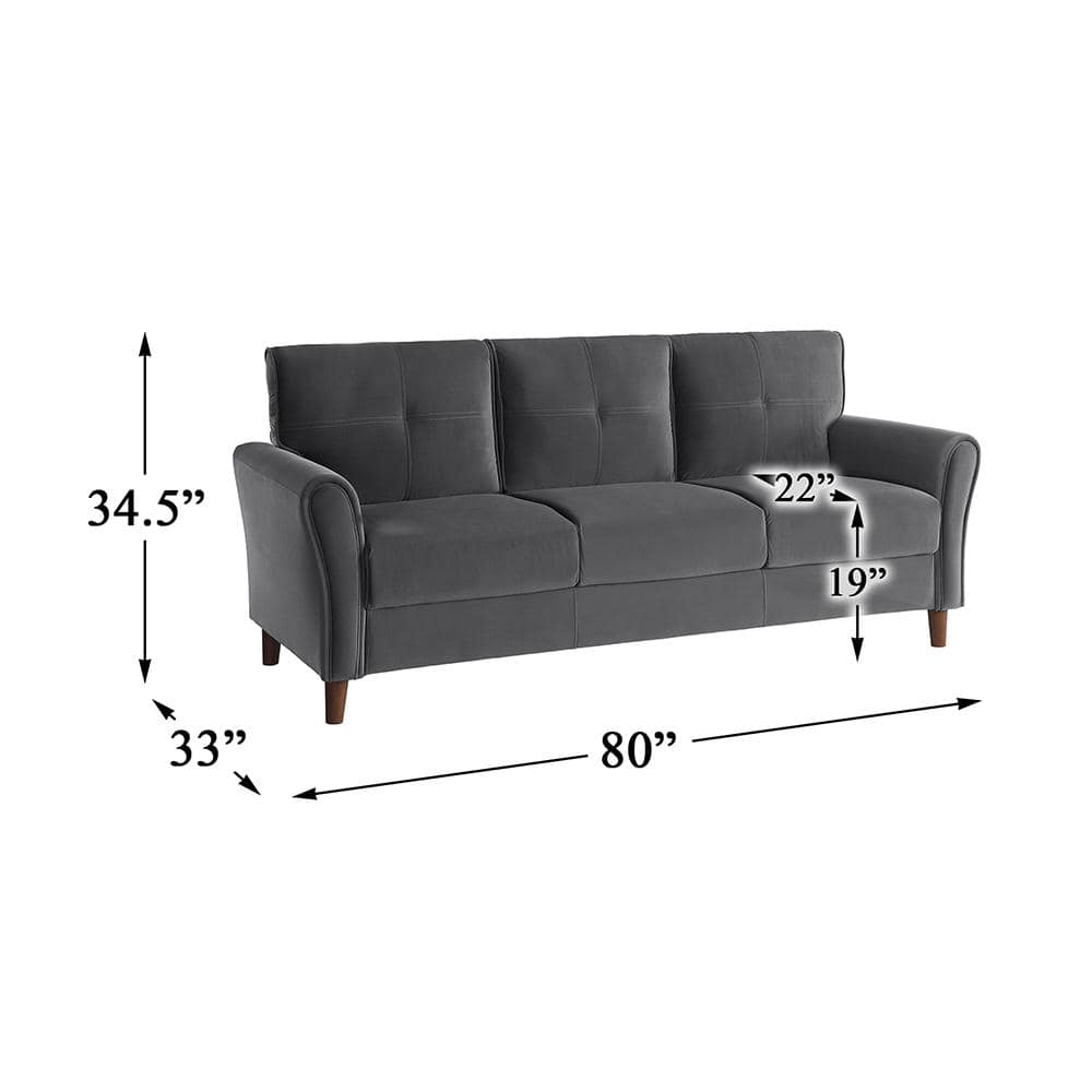 Gray Velvet Tufted Sofa with Walnut Wood Legs