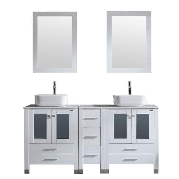 walsport 60 in. W x 21.5 in. D x 61 in. H Double Sinks Bath Vanity in White with Ceramic Top and Mirror