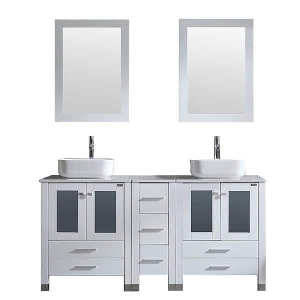 60 in. W x 21.5 in. D x 61 in. H Double Sinks Bath Vanity in White with Ceramic Top and Mirror
