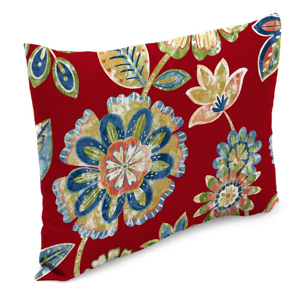 Set of 2 Red Floral Polyester Outdoor Lumbar Pillows