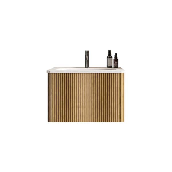 Unbranded 24 in. W x 18 in. D x 16 in. H Single Sink Wall-Mounted Bath Vanity in Oak with White Ceramic Top
