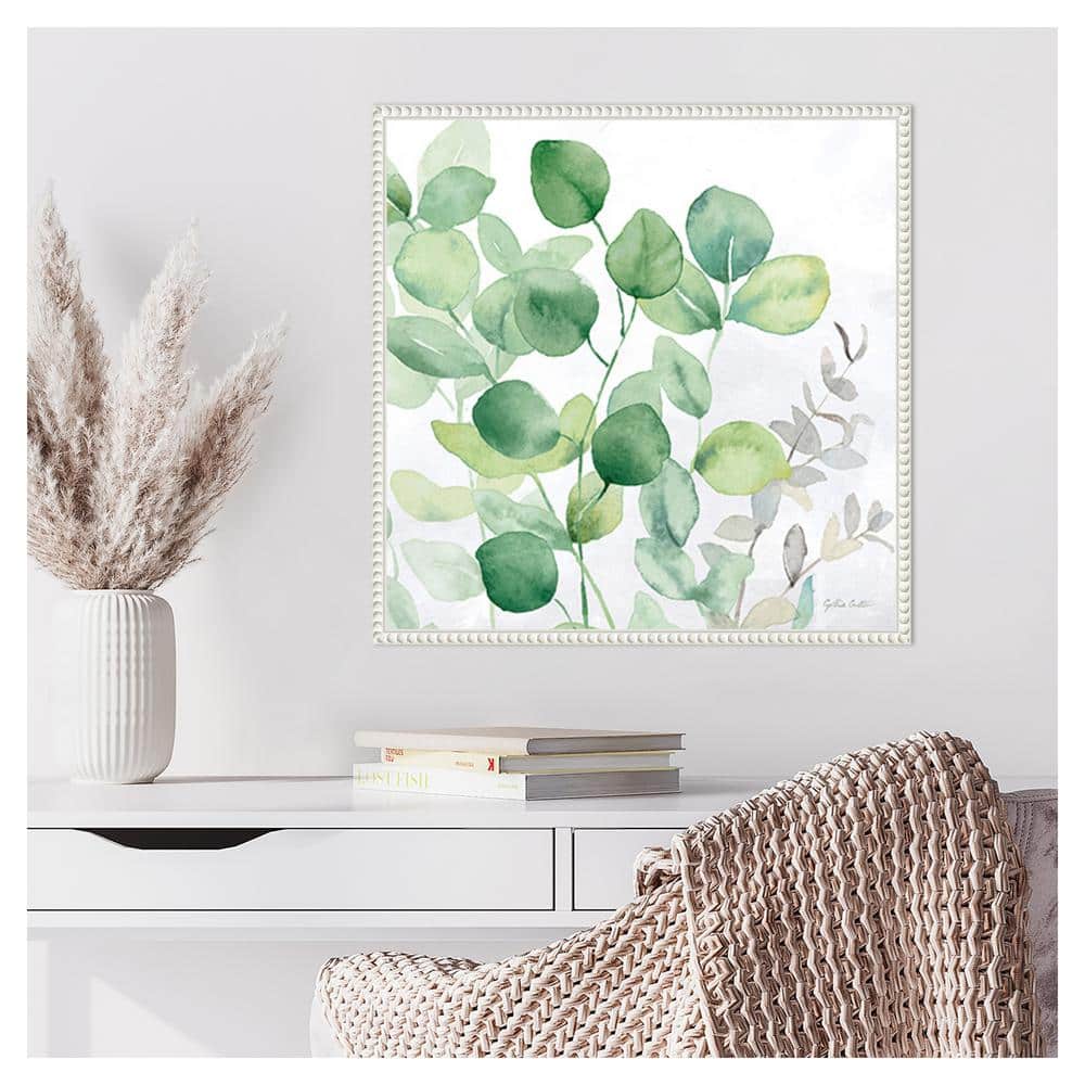 Eucalyptus Leaves II Green and White Canvas Wall Art with Floater Frame