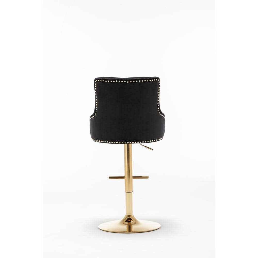 Glamorous Adjustable Swivel Black Velvet Bar Stool with Gold Metal Accents
