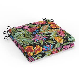 Tropic Floral Paradise Island Black Black Square Outdoor Squared Corner Chair Seat Cushion with Ties (2-Pack)