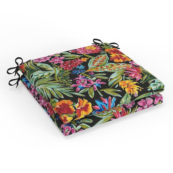 Pillow Perfect Tropic Floral 20 in W x 3 in H Square Outdoor Chair Seat Pad with Ties 2-Count in Island Black