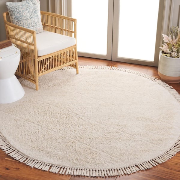 Easy Care Ivory 6 ft. x 6 ft. Solid Diamond Round Area Rug