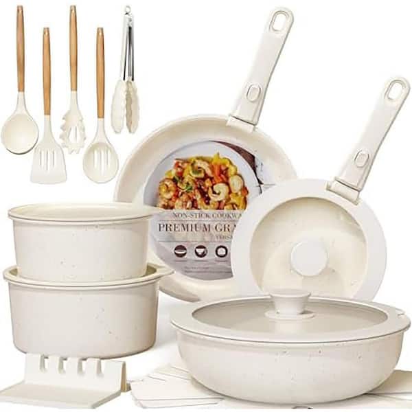 21-Piece Nonstick Cookware Set with Removable Handles, 5-Qt Stock Pot, Cream White, Aluminum