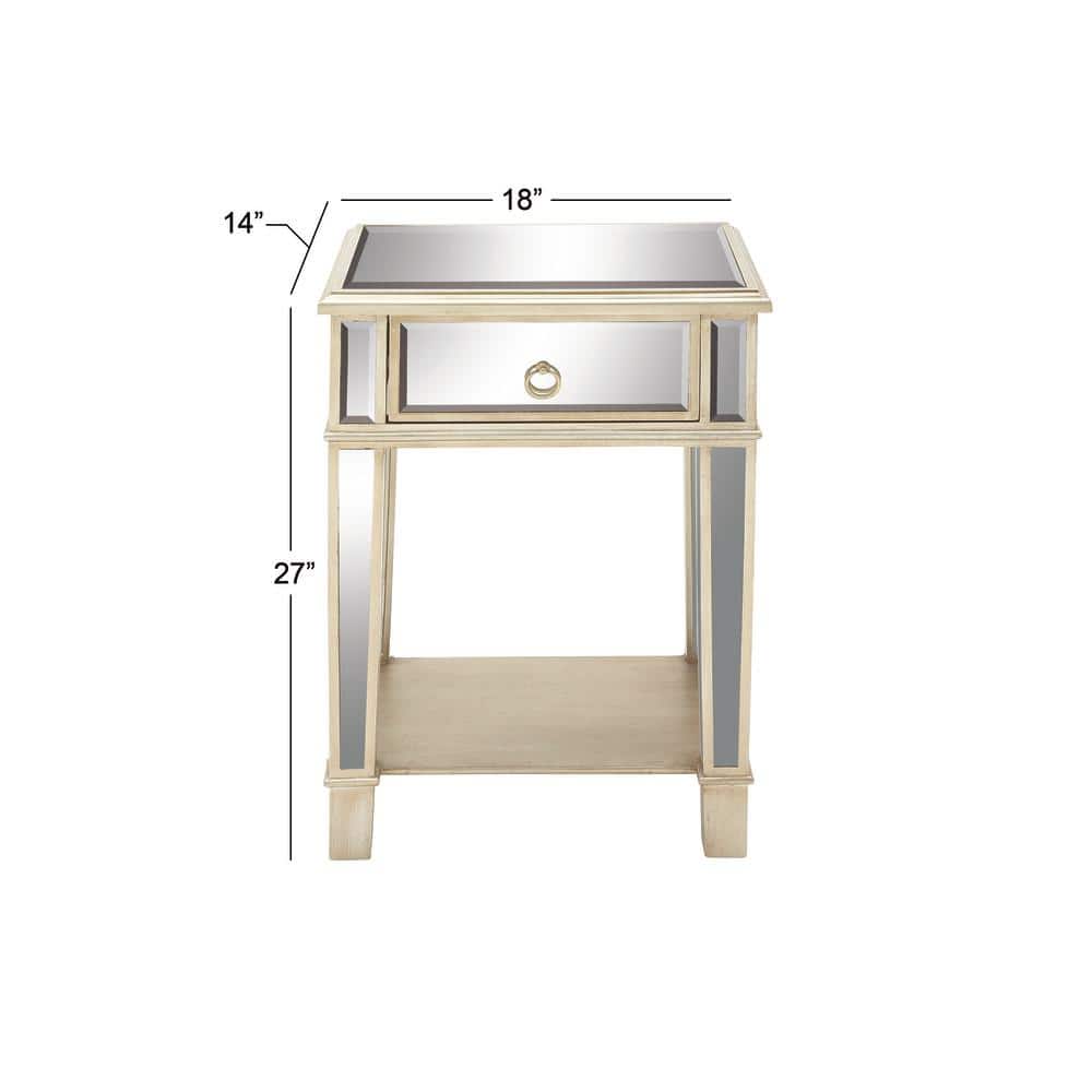 Beige Mirrored Fir Wood Accent Table with Storage