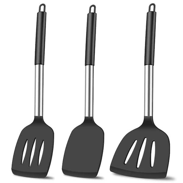 Silicone Gray Stainless Steel Heat Resistant Nonstick Spatula Set Kitchen Cooking Accessory Set w/ Hanging Holes 3-Piece