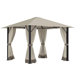 10 ft. x 10 ft. Khaki Metal Patio Gazebo Canopy Shelter with Sidewalls, Vented Roof for Garden, Lawn, Backyard, and Deck