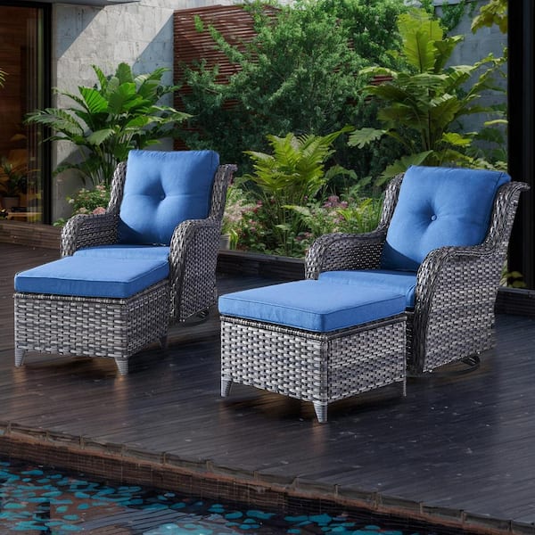 4-Piece Gray Wicker Outdoor Swivel Glider with Blue Cushions and Matching Ottomans Rocking Chairs for Patio or Garden