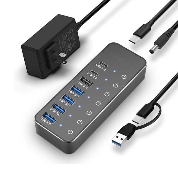 Lukyamzn 7-Port USB 3.2 USB-C Hub with 10Gbps USB-A, 2 USB-C, 4 USB 3.0 Ports, Touch Switches, Cable, and Power Adapter