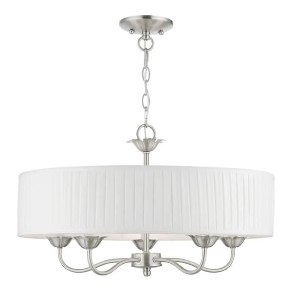 AVIANCE LIGHTING Northbrook 5-Light Brushed Nickel Pendant Chandelier with Pleated Off-White Fabric Shade