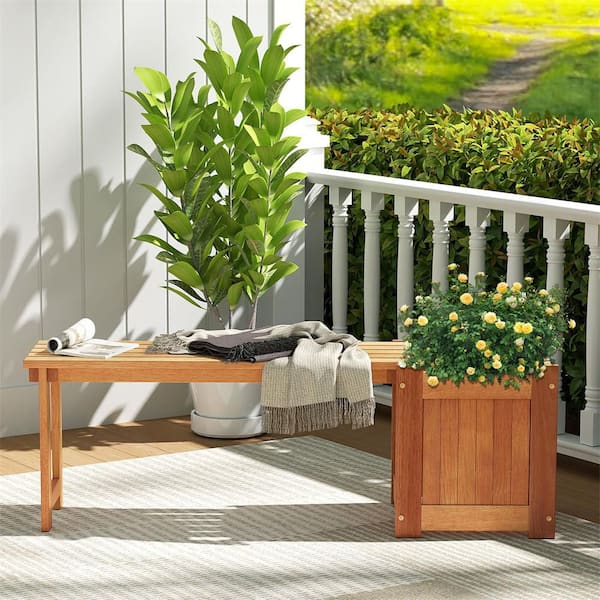 HONEY JOY Wood Outdoor Storage Stool Bench with Planter Box and Seat Open-ended Base Slotted Construction (Set of 2)