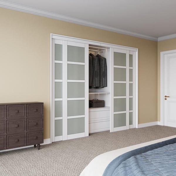 96 in. x 80 in. 5 Lites Frosted Glass White MDF Closet Sliding Door with Hardware Kit