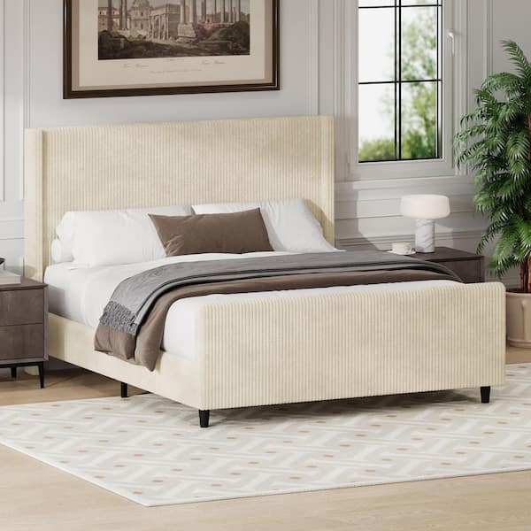 Cream/White Wood Frame Queen Size Platform Bed with Vertical Stripe Wingback and High Footboard