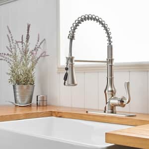 Single-Handle Pull-Down Sprayer 3 Spray High Arc Kitchen Faucet With Deck Plate in Brushed Nickel