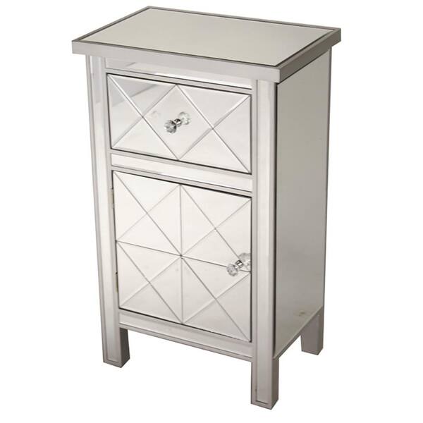 HomeRoots Shelly Assembled 20 in. x 20 in. x 13 in. Silver Wood Glass Accent Storage Cabinet with a Drawer and a Door