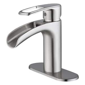 Mondawell Open Waterfall Single Handle Single Hole Low Arc Bathroom Faucet with Deckplate in Brushed Nickel