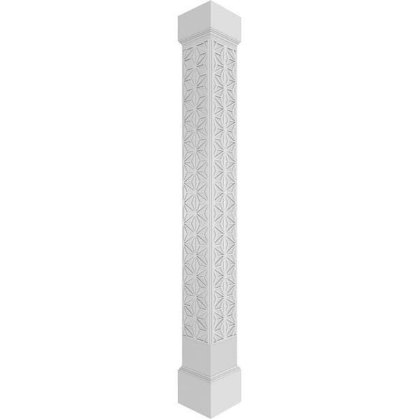 Ekena Millwork 7-5/8 in. x 9 ft. Premium Square Non-Tapered Hampton Fretwork PVC Column Wrap Kit w/Mission Capital & Base