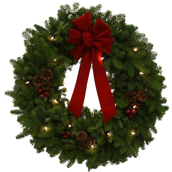 Worcester Wreath 24 in. Balsam Pre-Lit Classic Fresh Wreath with Red Velvet Bow : Multiple Ship Weeks Available