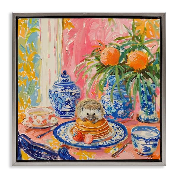 Stupell Industries Pancakes Stack & Hedgehog by LSR Design Studio Gray Floater Frame Nature Graphic Art Print 18 in. x 18 in.