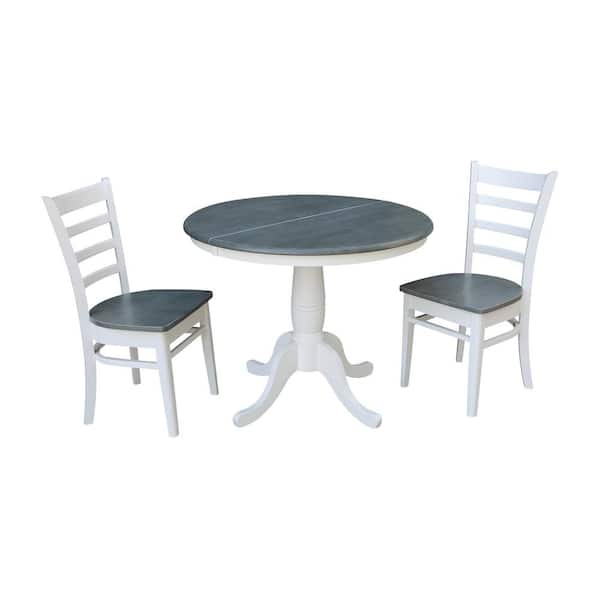 International Concepts Laurel 3-Piece 36 in. White/Heather Gray Extendable Solid Wood Dining Set with Emily Chairs