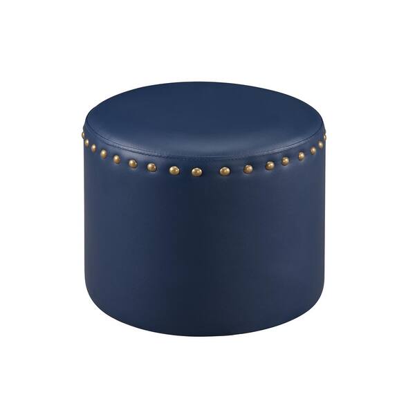 Kings Brand Furniture Blue Nailhead Trim Faux Leather Round Ottoman