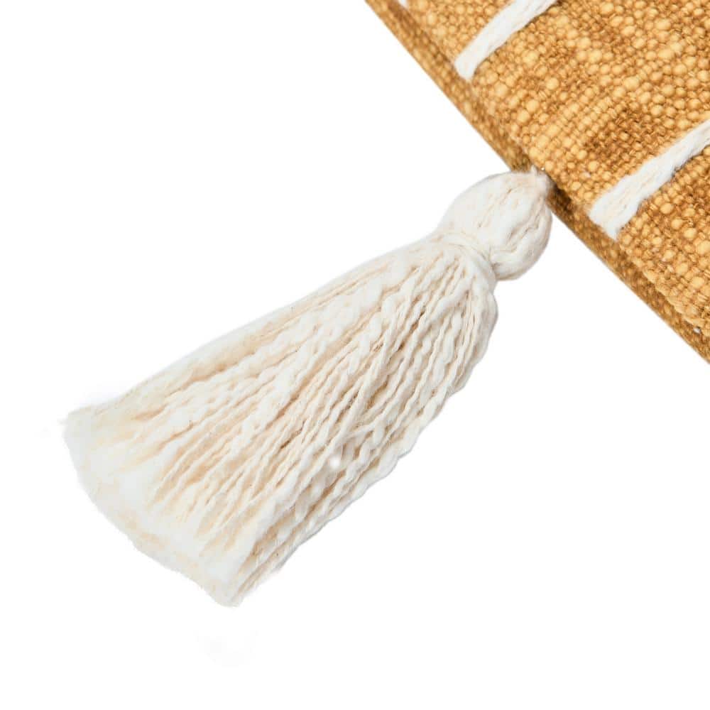Mustard and White Cotton Woven Pillow with Tassels, 22" Square
