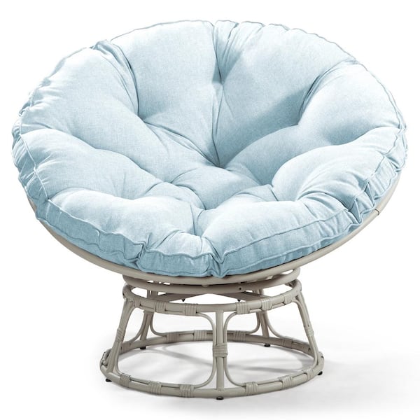 Unbranded Light Grey Wicker Outdoor Patio Papasan Lounge Chair with Sky Blue Polyester Cushion, 360° Swivel Base, Large Saucer