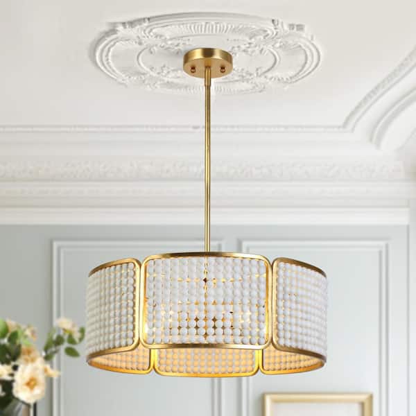 Bohemian 5-Light Round Beaded Chandelier, Transitional Drum Gold Chandelier Lighting with White Wood Bead Shade