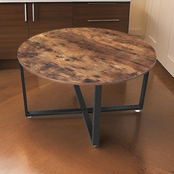 Benjara 34.6 in. Brown and Black Round Wood Coffee Table with Tubular Legs