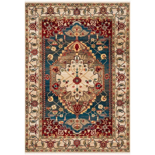 Kashan Ivory/Blue 5 ft. x 7 ft. Border Area Rug