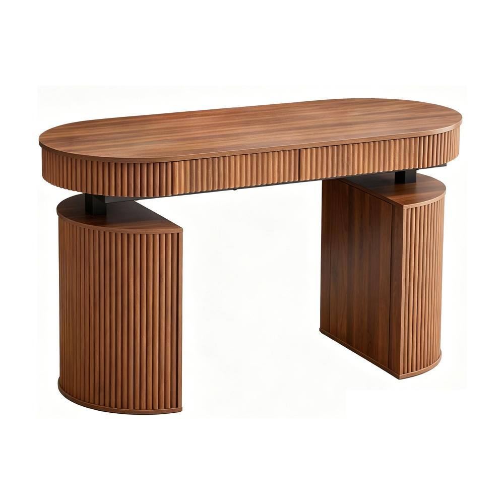 Walnut Fluted Oval Executive Writing Desk, Modern Round Home Office Workstation with Storage Drawer & Open Cabinet price history on PriceWatchPro