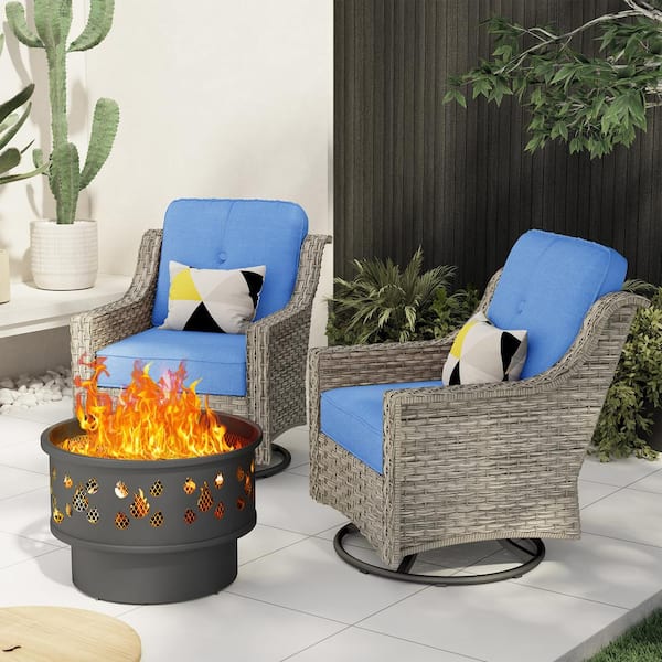 Toject Eureka Gray 3-Piece Wicker Patio Conversation Swivel Chair Set with a Wood-Burning Fire Pit and Blue Cushions