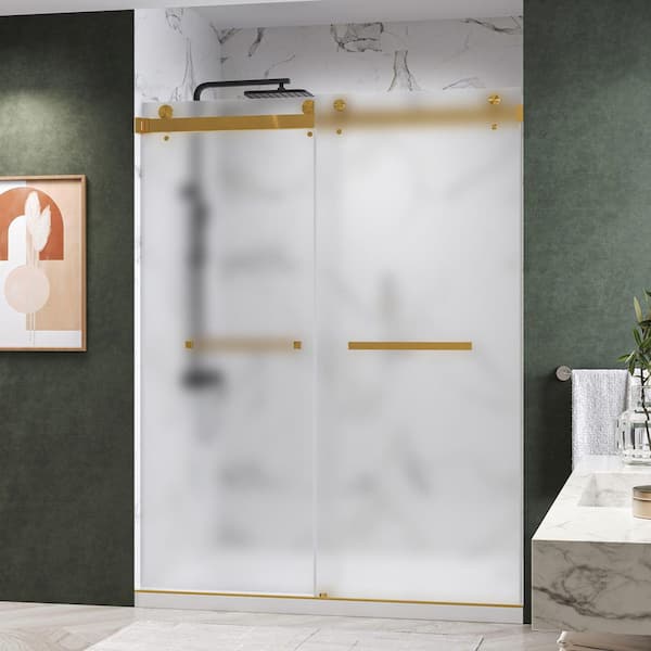 CatalystAE 62 to 66 in. W x 76 in. H Double Sliding Frameless Shower Door in Brushed Gold with 3/8 in. Obscure Glass
